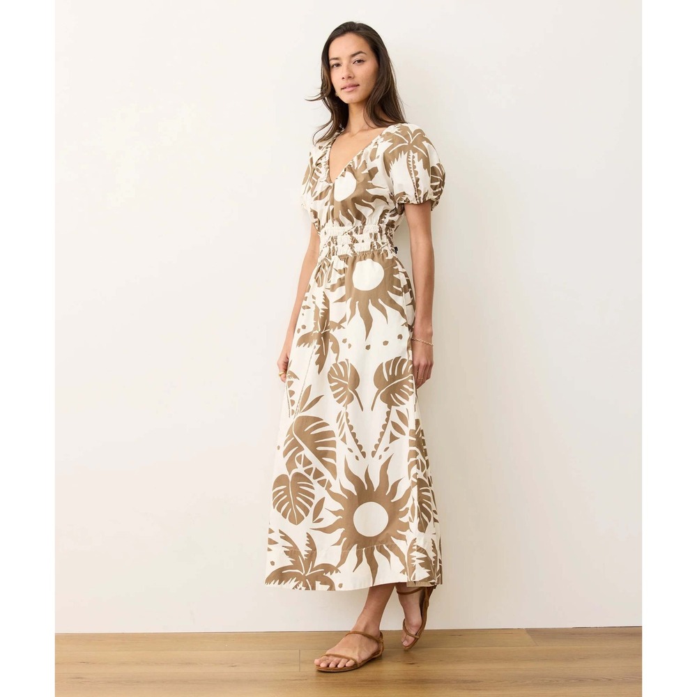 Marine Layer Emery Poplin Midi Dress Women M Cream Tan Sun Palm Tropical Smocked